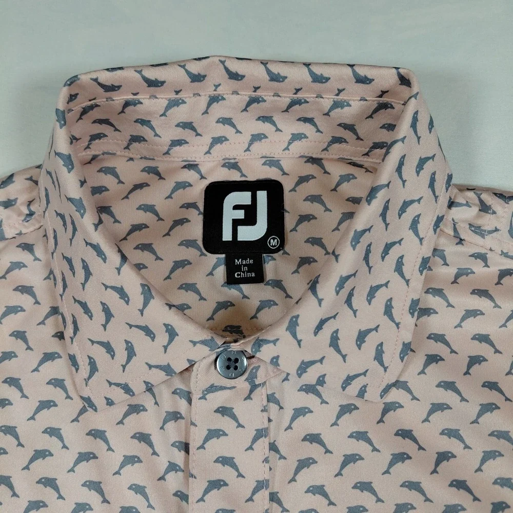 Footjoy FJ Mens Golf Polo Shirt M Pink Dolphin Print Short Sleeve Collared